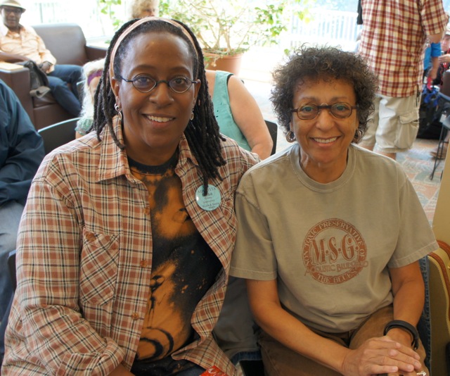 Resa Gibbs, normally singer and multi-instrumentalist with the MSG Acoustic Blues Trio, With Jackie Merritt and Miles Spicer. She taught Blues Vocal Repertoire and Blues Vocal Tech Performance. The, she appeared several times to sing to the students, and literally brought tears to the eyes of this writer and many in the audience. Her soulful style, rooted equally in spirituals, gospel and blues, carries such heartfelt emotive beauty that she could melt a cold, cold heart. What an amazing singer and delightful person. Here she is with her partner Jackie Merritt, who accompanied Resa and others during the camp, on spoons, harmonica and more. 