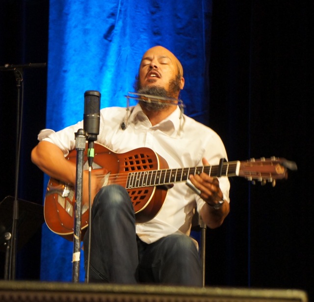 Samuel James, a wildly individualistic player equally rooted in traditional blues and free expressionsm, taught slide guitar and declared, “I am from Maine. They don’t have any black people up there now, because I am here.” His own sound is reminiscent of Son House, his singing like Tom Waits, but he is like nobody else on the plant. A powerful performer and spirited instrumentalist, he taught beginning slide guitar and thrilled students during his performances.